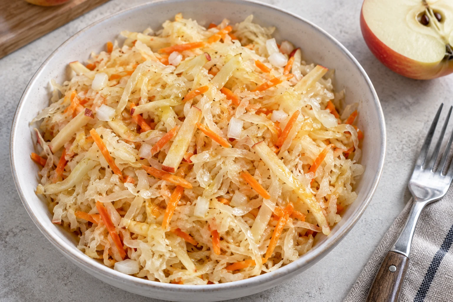 Sauerkraut slaw mixed with grated carrot, apple and finely chopped onion.