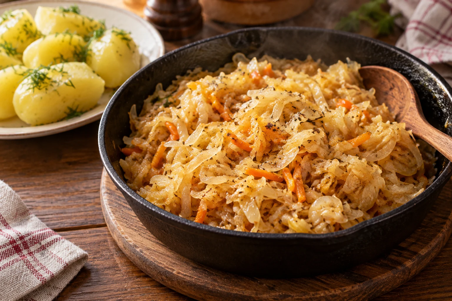 Tender golden sauerkraut and onions in a skillet beside boiled potatoes.