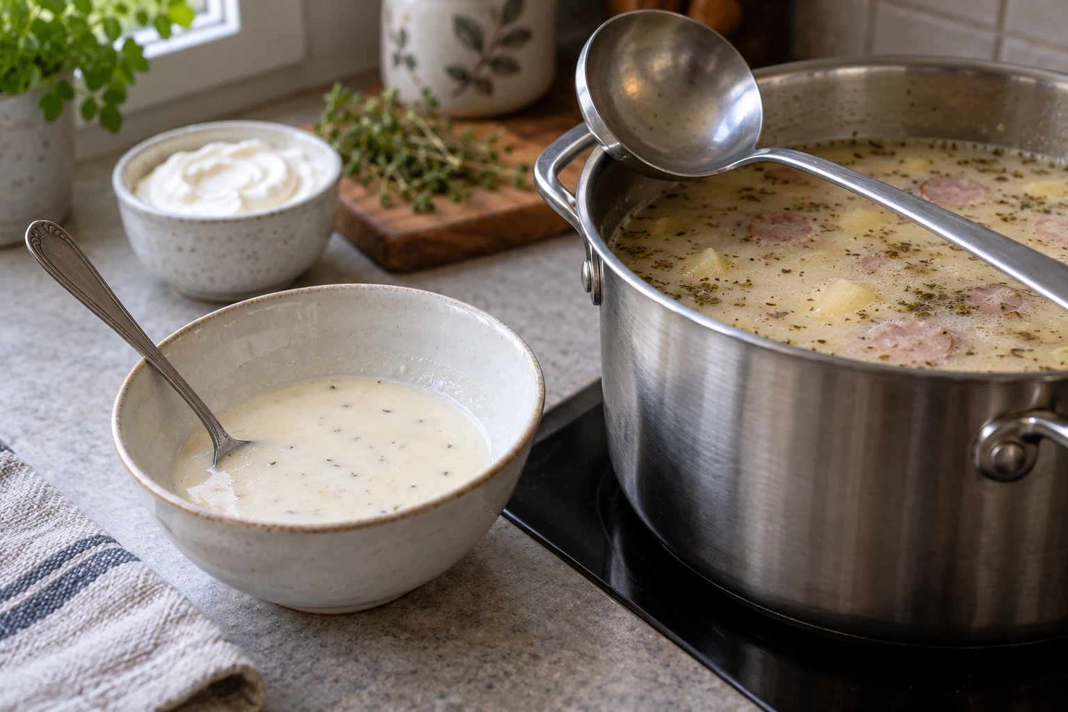 Small bowl of sour cream mixed with soup beside a saucepan and ladle.