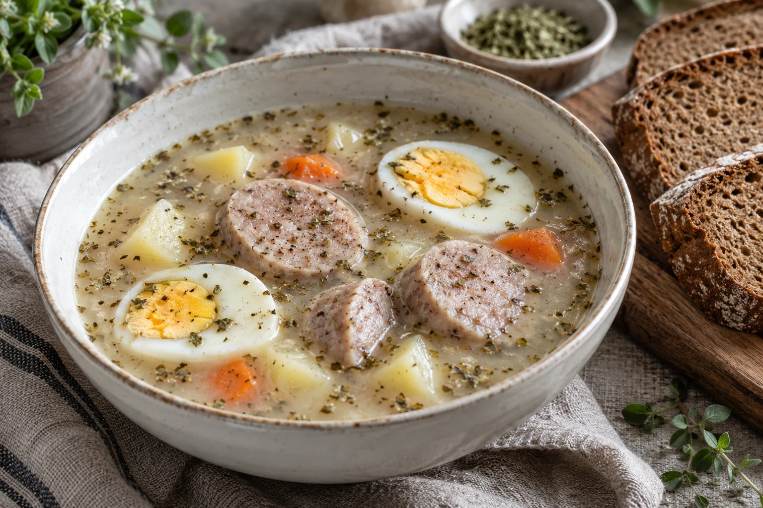 Pale Polish white borscht with cooked white sausage slices, hard boiled eggs, potatoes and marjoram.