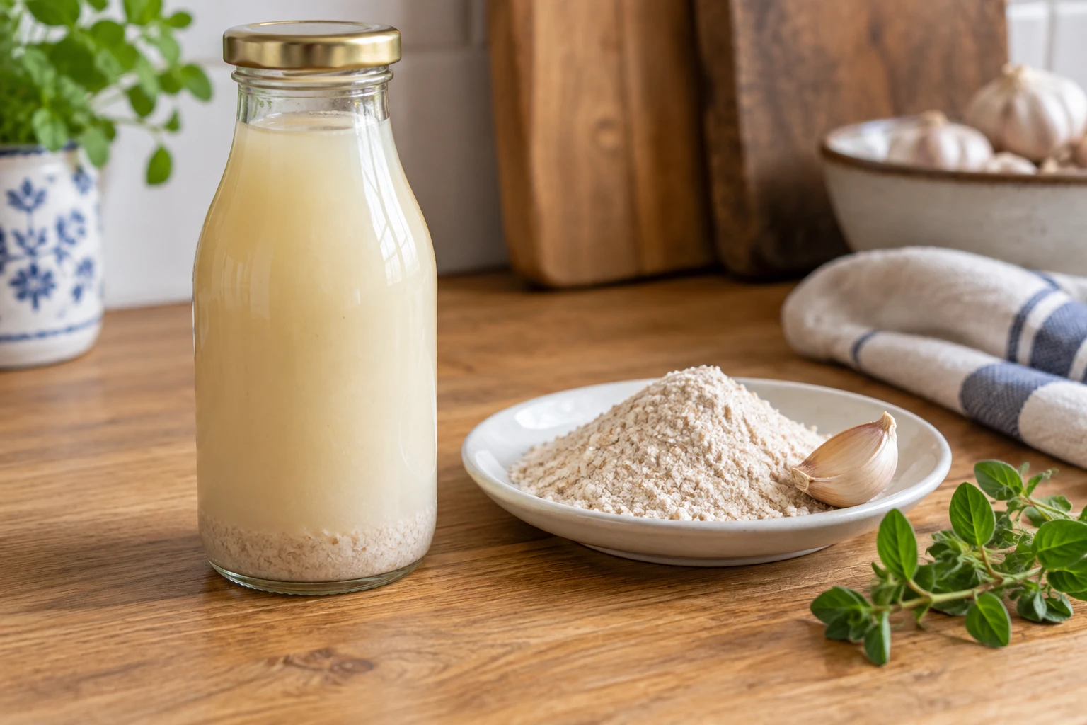 Closed unlabeled bottle of cloudy wheat starter with flour sediment beside whole wheat flour and garlic.