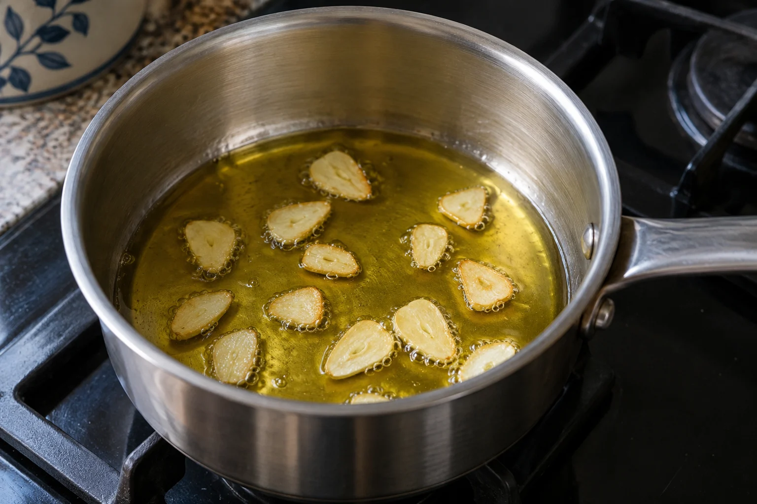 Thin slices of pale golden garlic warming in olive oil in a small saucepan