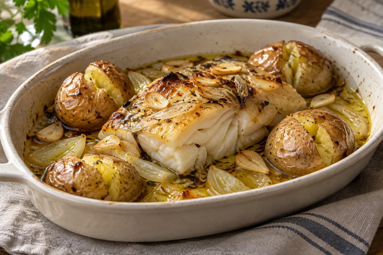 Cooked cod with lightly cracked skin-on potatoes, onion and garlic in olive oil
