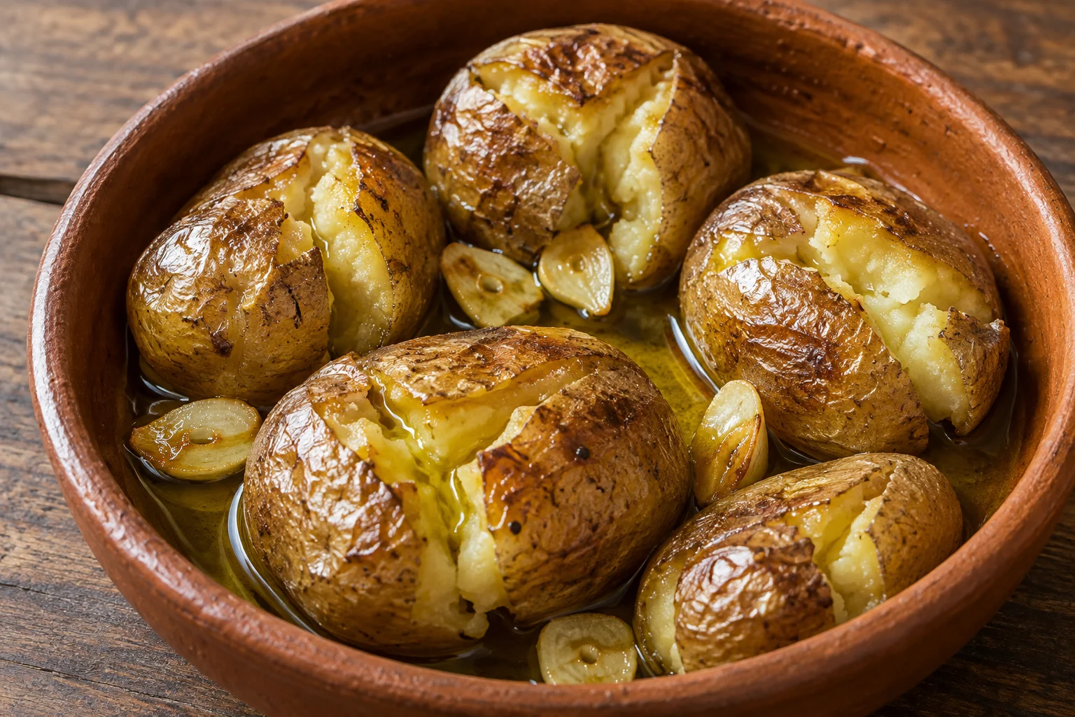 Whole roasted skin-on potatoes lightly split to reveal soft flesh and catch olive oil