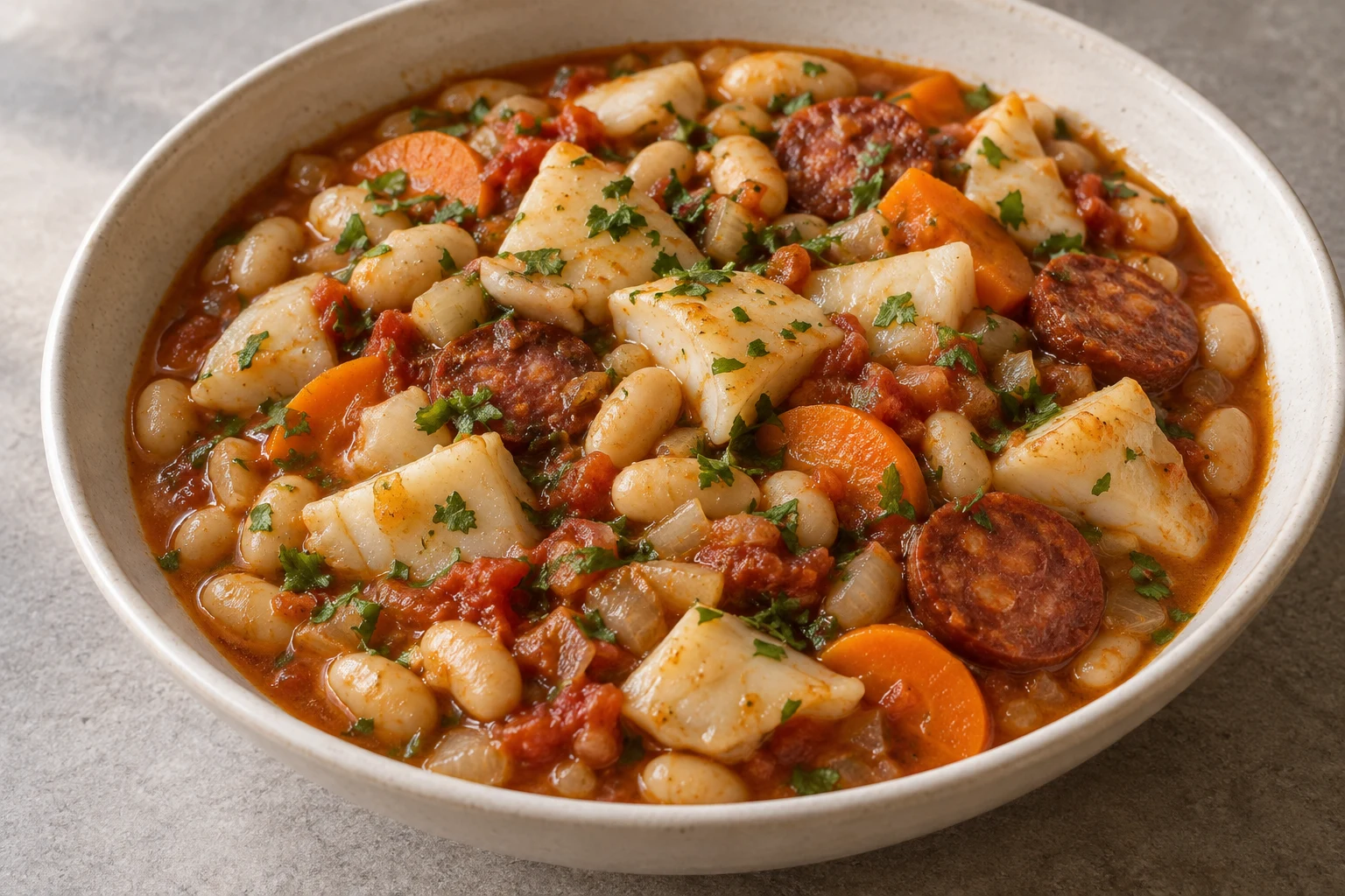 White beans, cuttlefish pieces, chouriço and carrot in tomato sauce with chopped coriander
