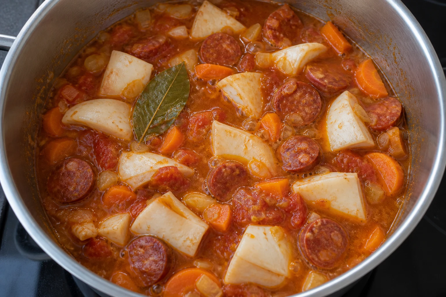Cuttlefish mantle pieces simmering with chouriço, carrot, tomato and bay before the beans are added