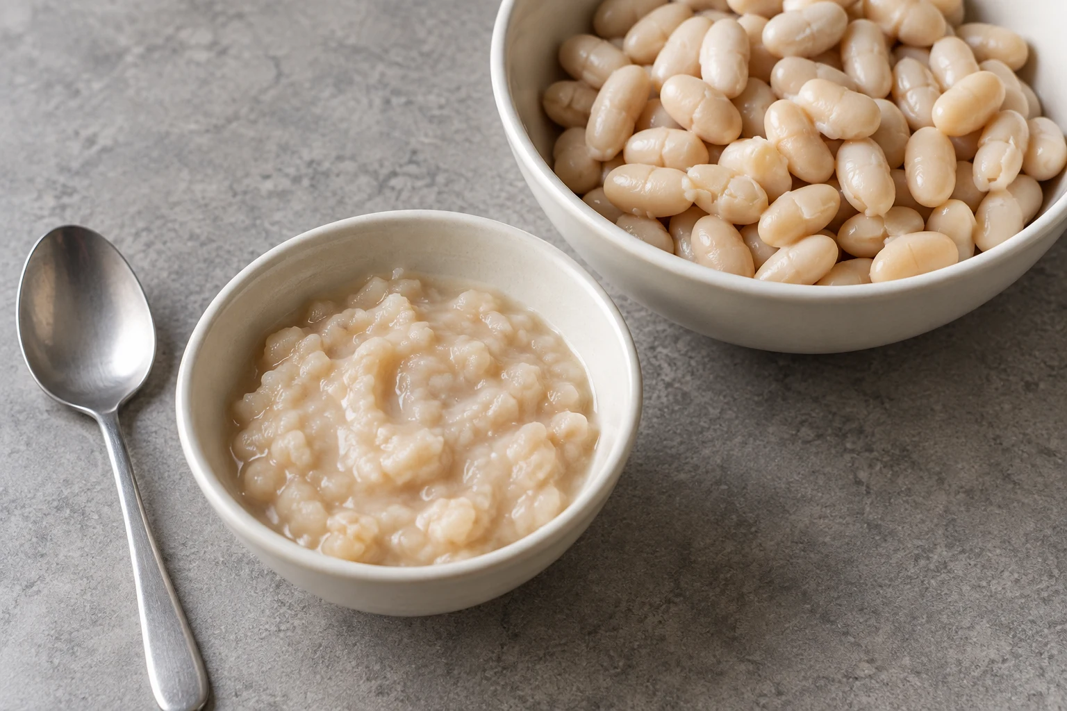 A small bowl of coarsely mashed white beans beside a larger bowl of intact cooked beans