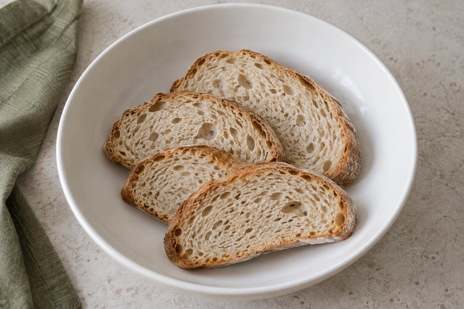 Four thin slices of rustic wheat bread arranged in a shallow bowl before the broth is added