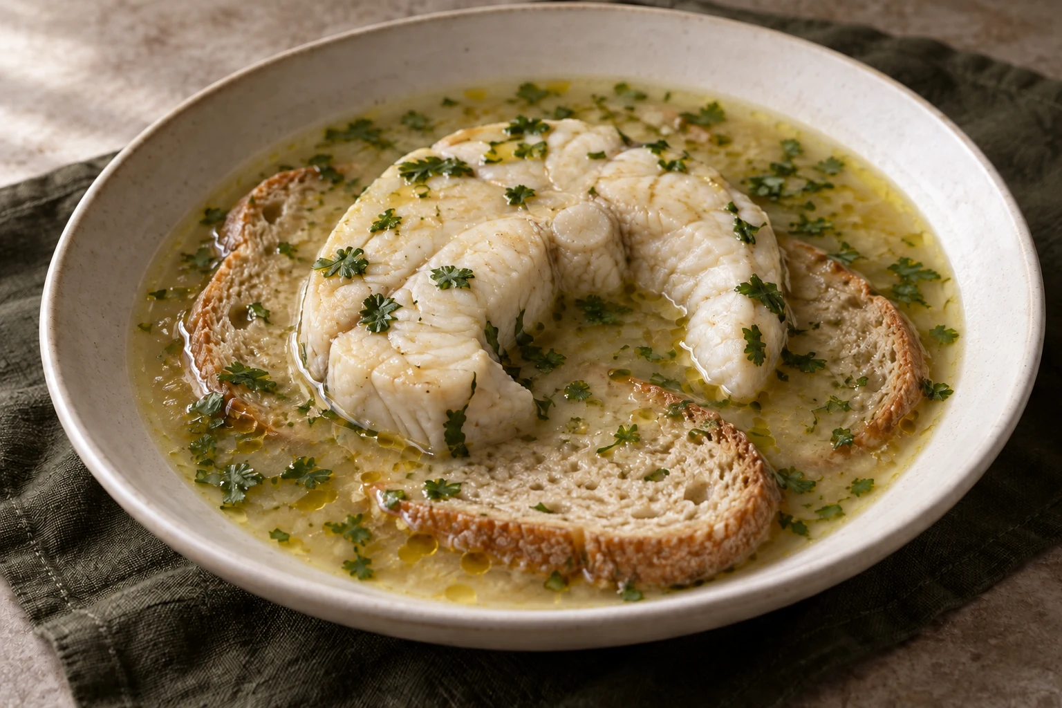 A cooked cação steak over bread slices soaking in golden broth with chopped coriander