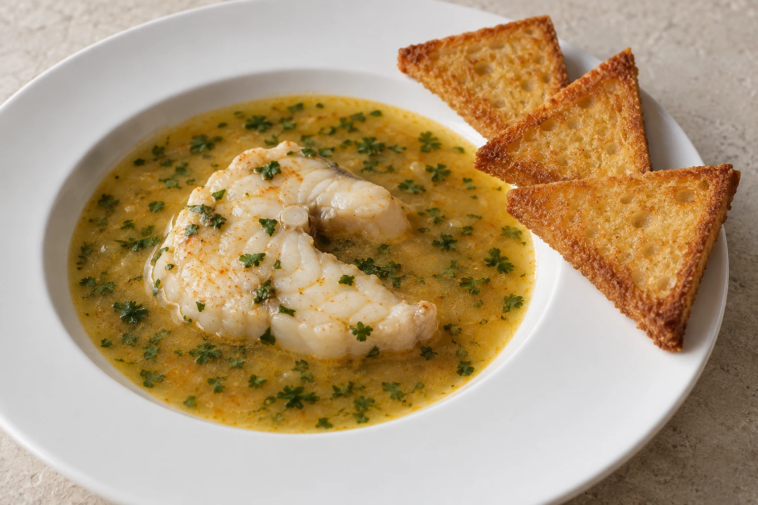 Golden fried bread triangles resting on the dry rim beside a cação steak and coriander broth