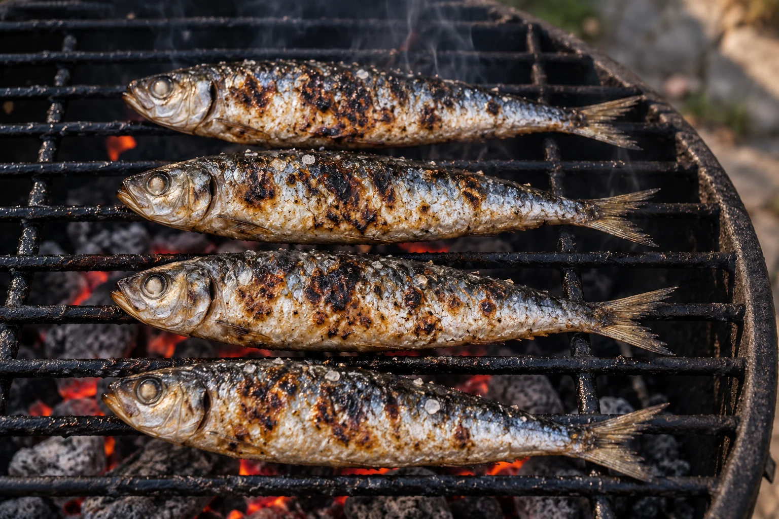 Four whole sardines arranged separately across a dark charcoal grill grate