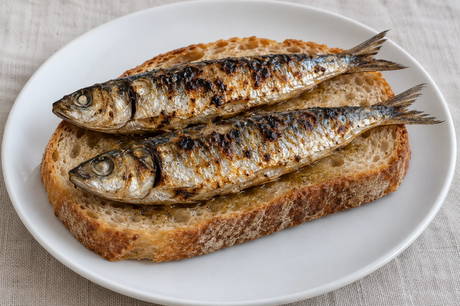 Two whole grilled sardines laid on thick rustic bread on a plain white plate