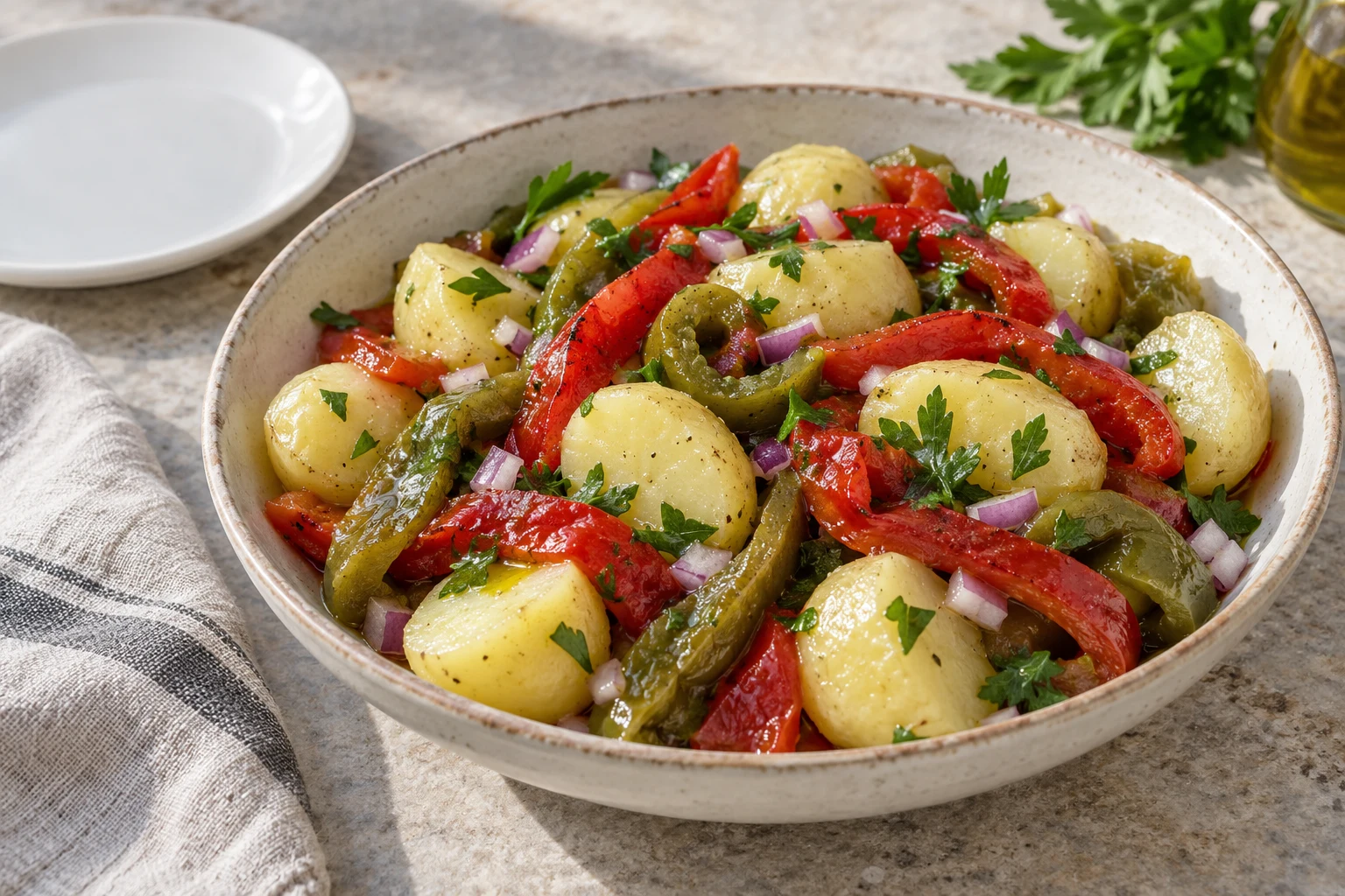 Peeled boiled potato halves with grilled red and green pepper strips, red onion and parsley