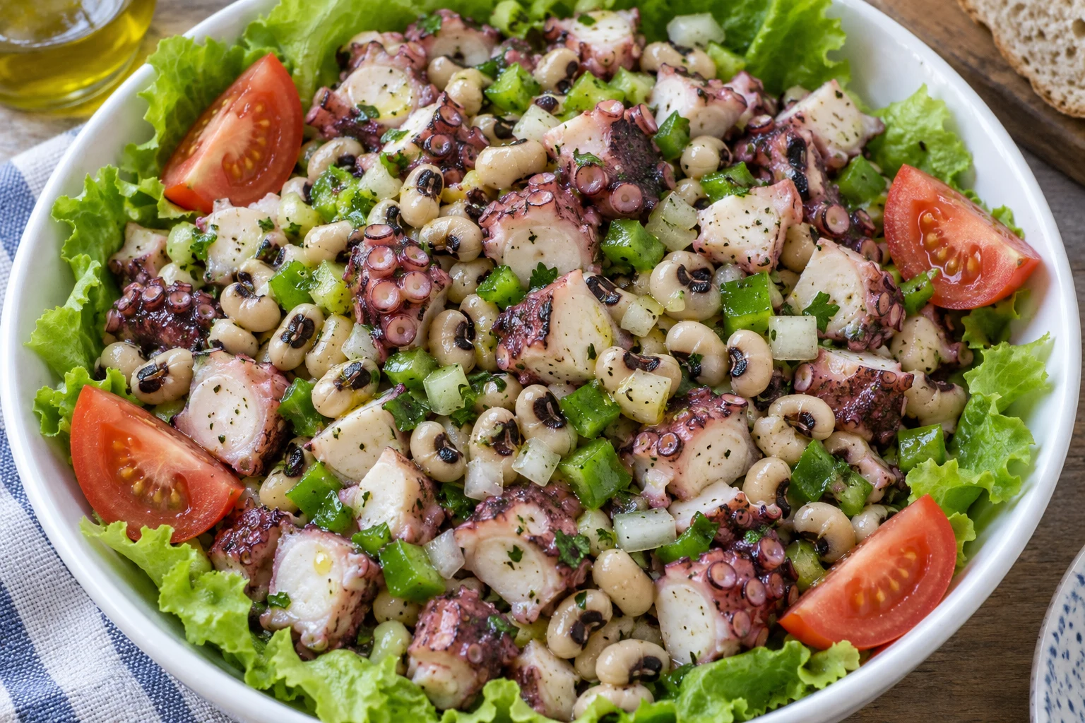 Octopus and black-eyed peas mixed with green pepper and onion over lettuce, with tomato wedges at the edge of a serving bowl