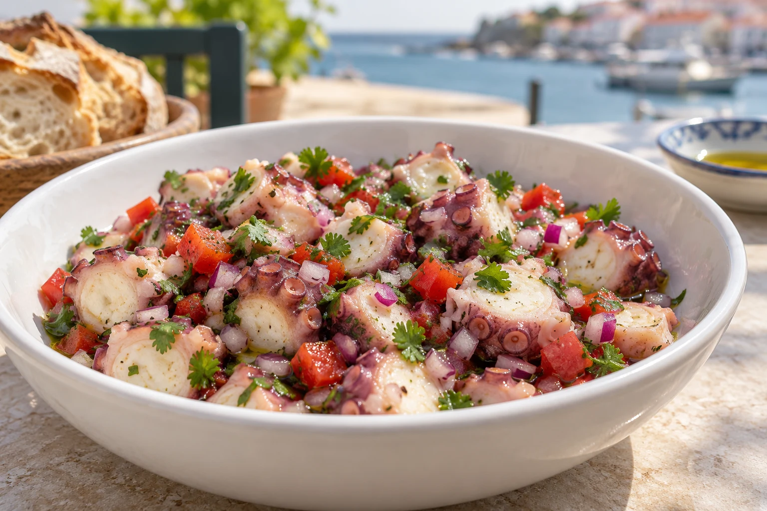Chopped cooked octopus with red onion, red pepper and coriander in a lightly dressed white salad bowl beside bread