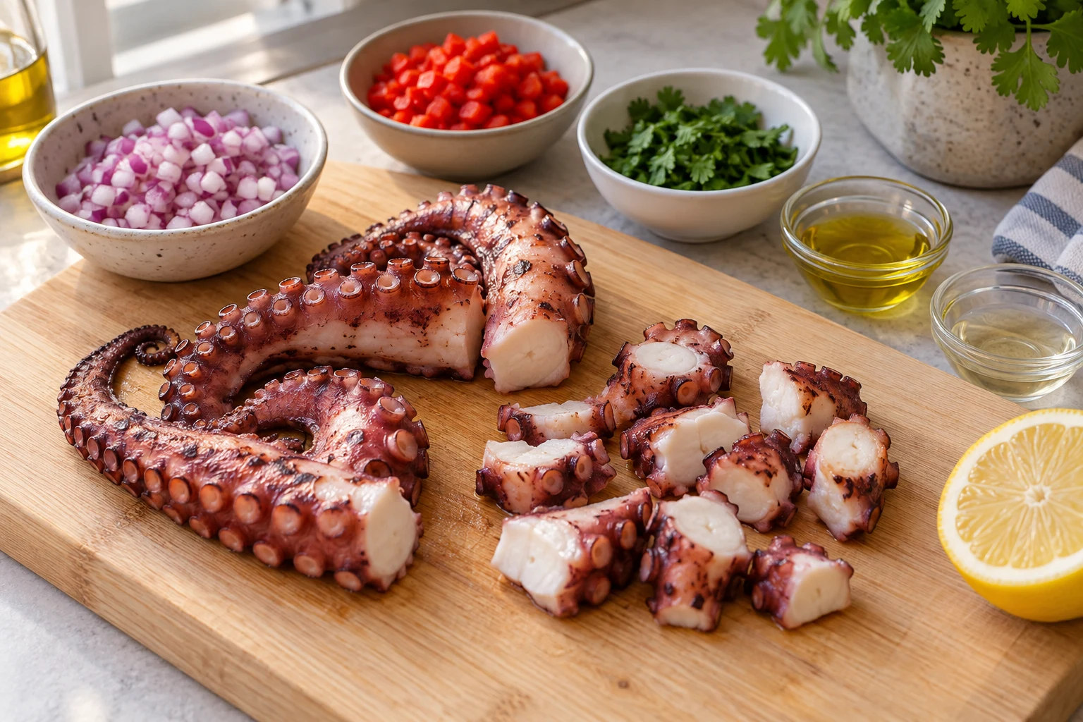 Cooked octopus tentacle sections and slices on a board beside separate bowls of diced vegetables, herbs, oil and vinegar and half a lemon