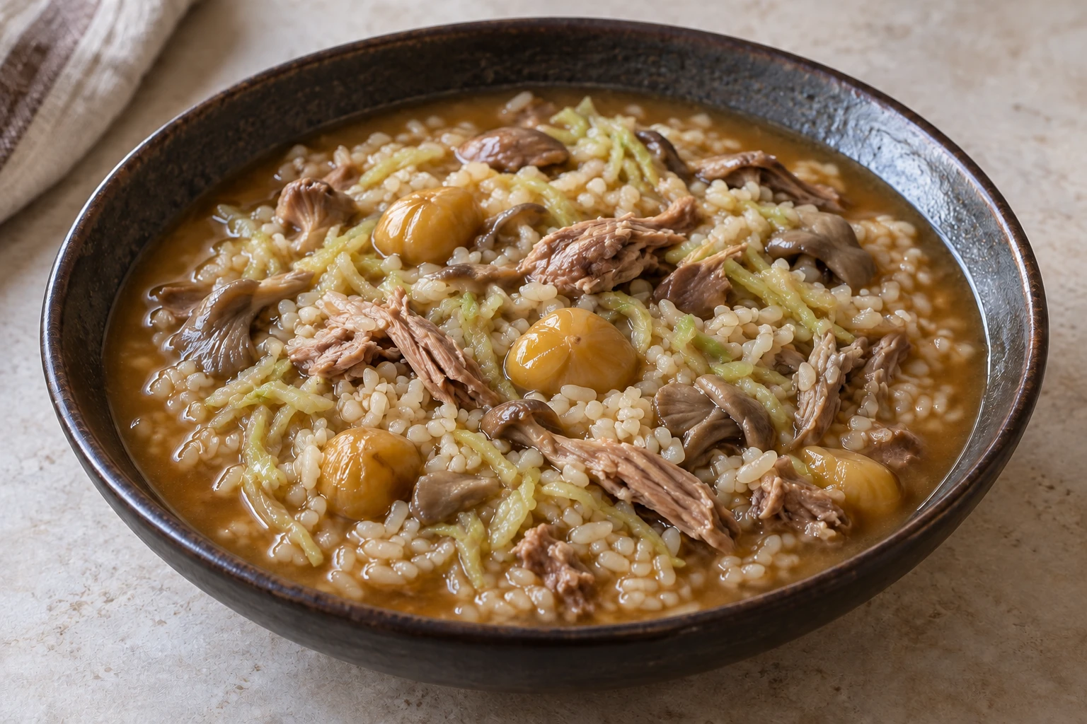 Broth-rich partridge rice with chestnuts, oyster mushrooms and thin cabbage ribbons