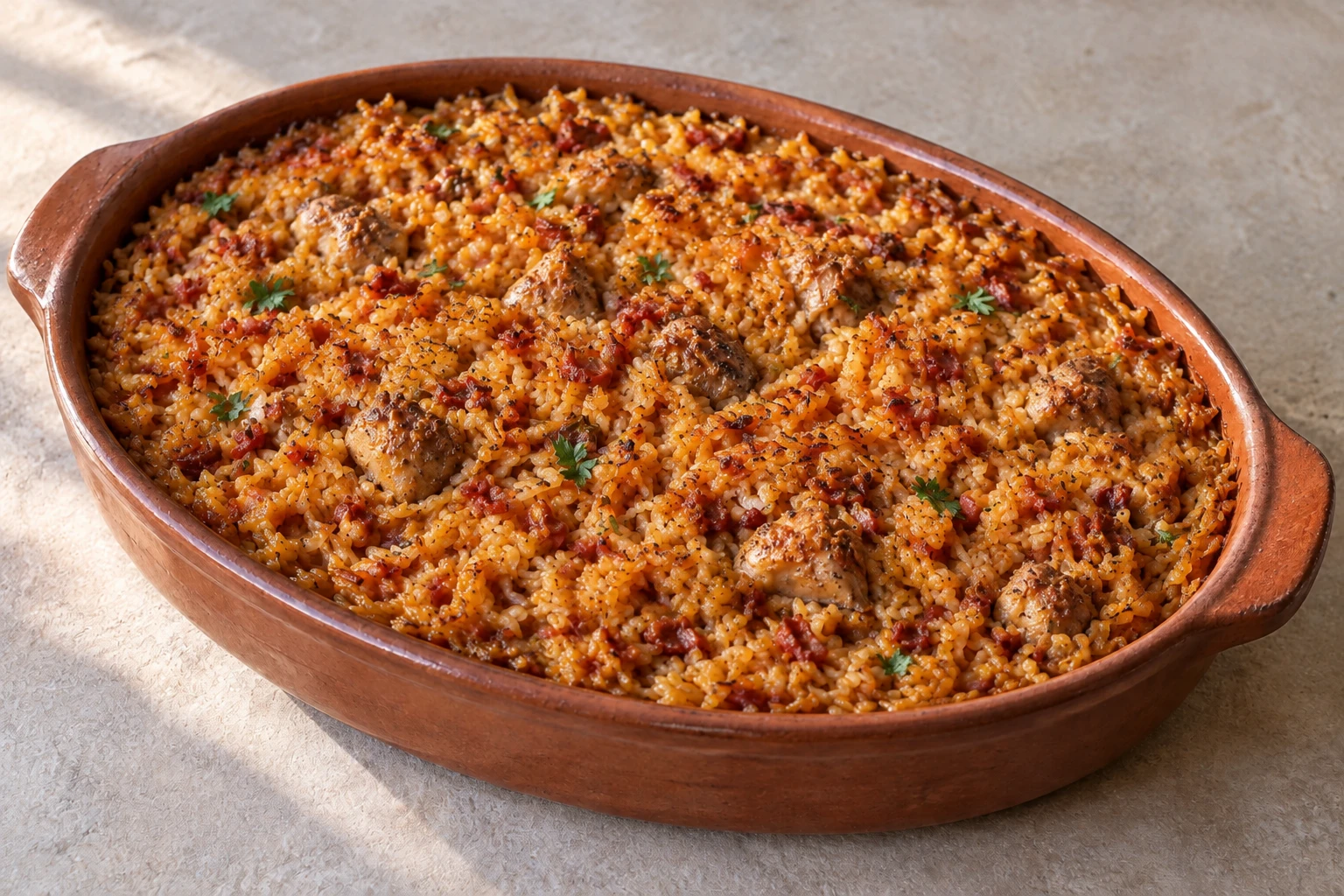 Golden oven-finished rice with small partridge pieces, finely chopped ham and sausage, and parsley