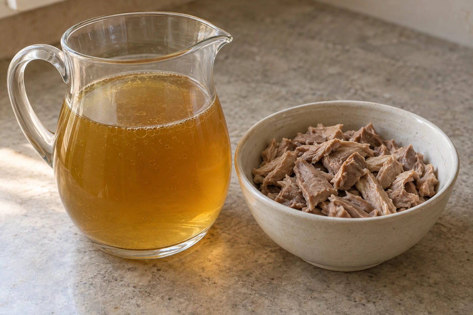 A jug of strained amber broth beside a bowl of picked cooked partridge meat