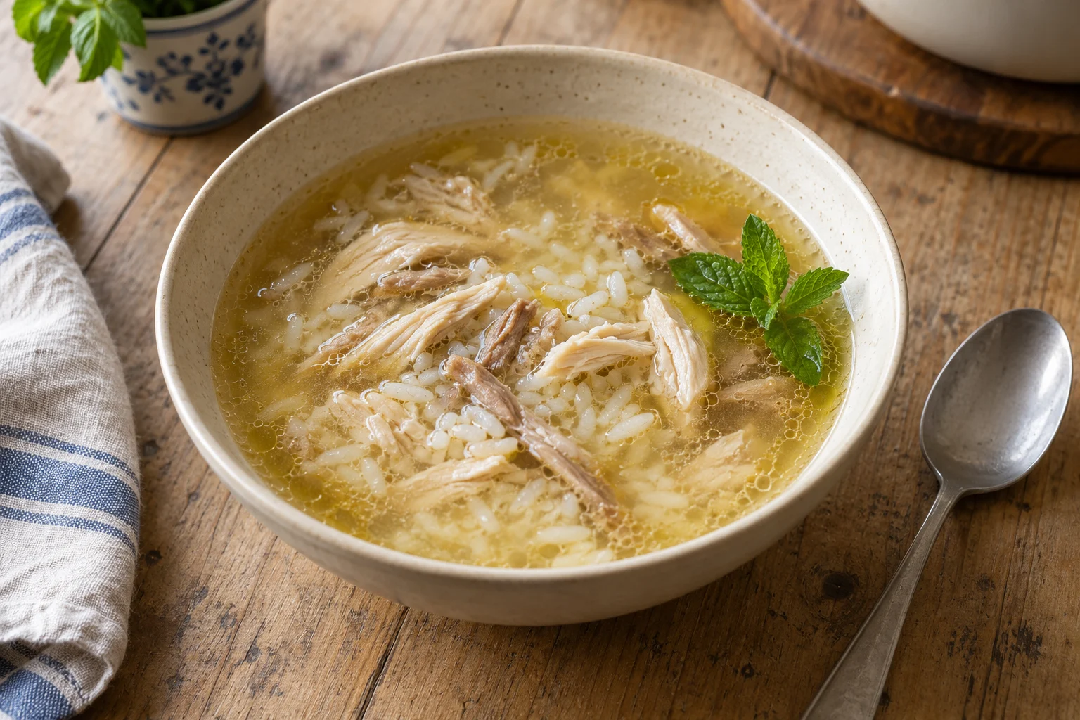 A bowl of pale golden chicken broth with distinct rice grains, shredded chicken and mint