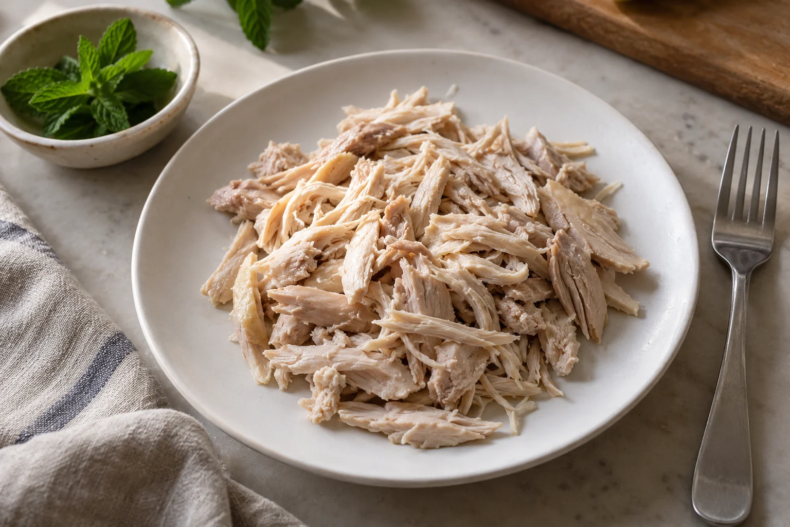 Cooked shredded chicken on a white plate beside a small bowl of mint