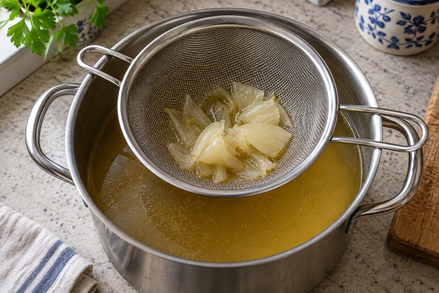 A metal mesh strainer holding cooked onion above a saucepan of golden broth