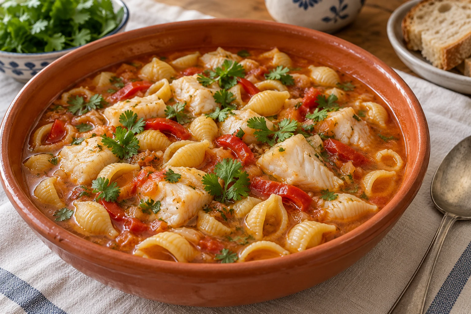 Portuguese fish massada with small pasta shells and white fish pieces in orange tomato broth, topped with coriander