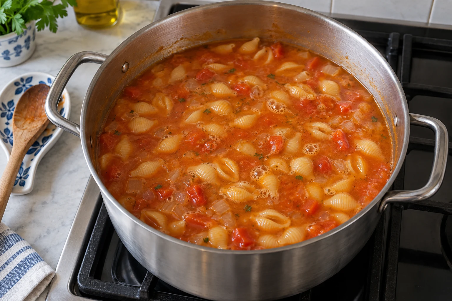 Small pasta shells simmering in a pot of tomato and pepper broth before cooked fish is added