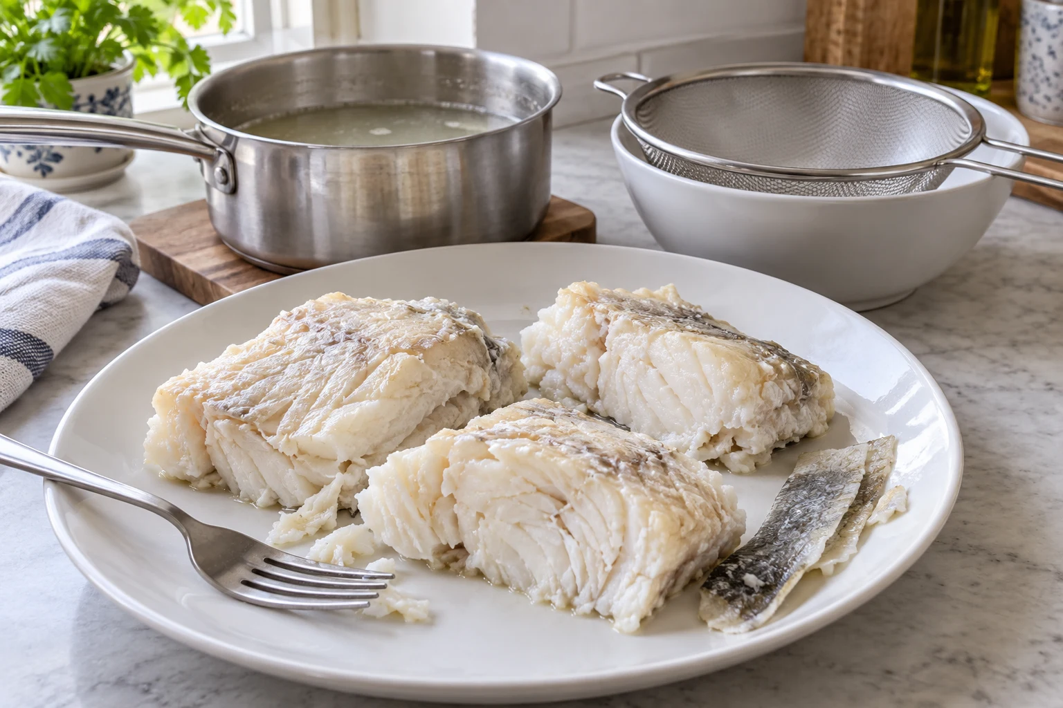 Cooked opaque white fish on a plate with a fork, with reserved broth and a strainer behind