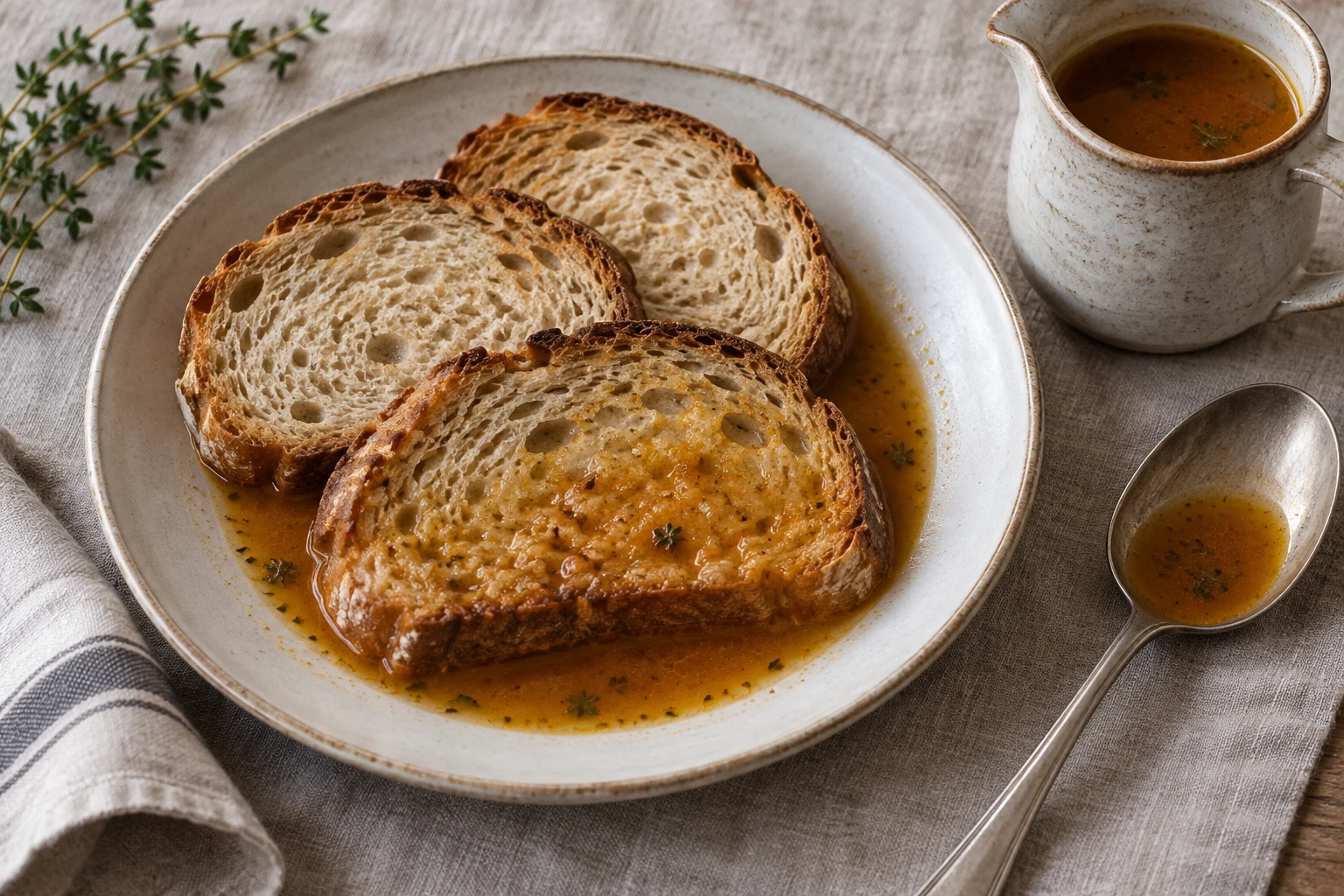Three country bread slices on a plate, with the front slice soaking in orange brown broth beside a jug