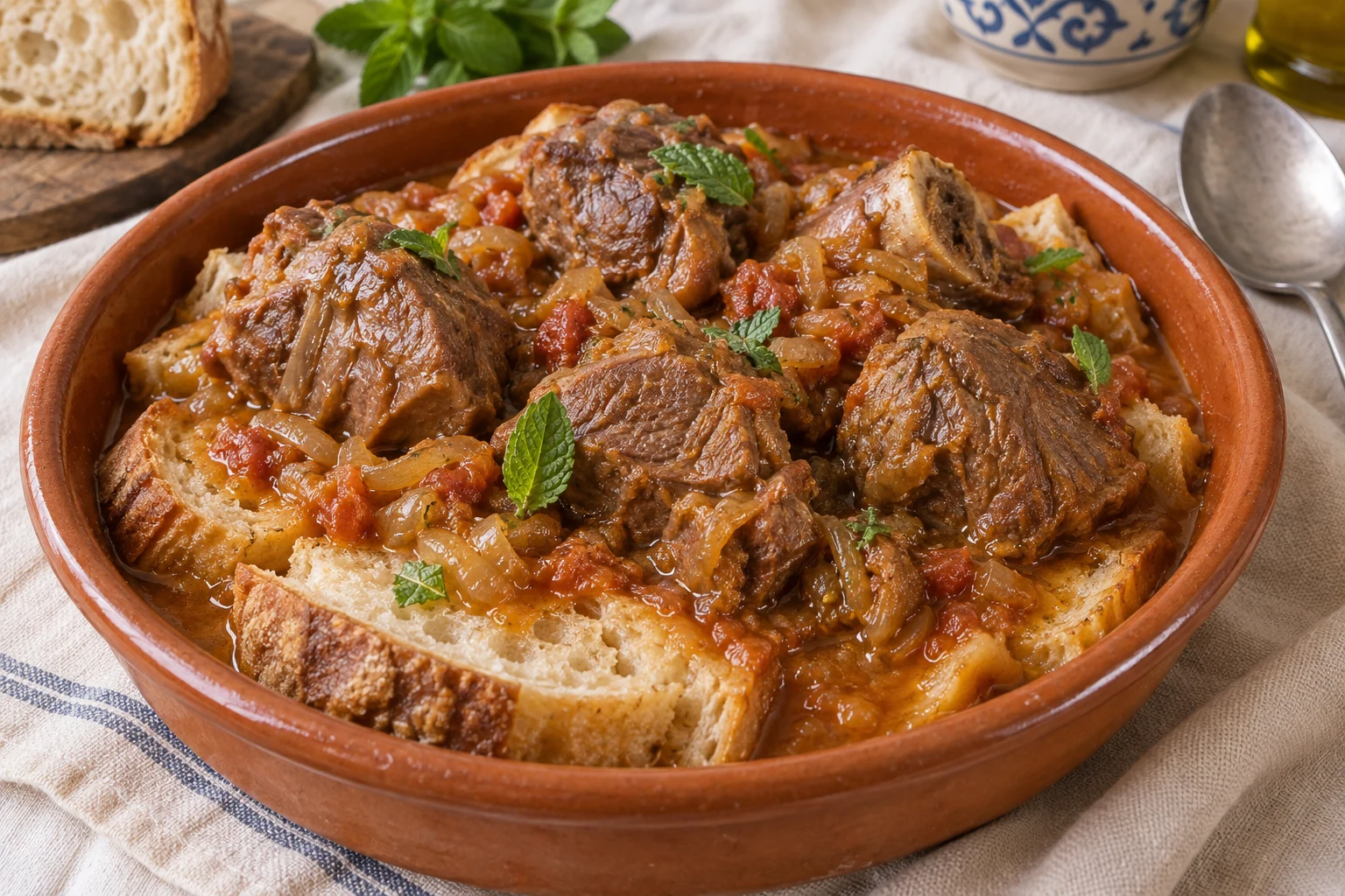 Cooked lamb pieces in onion and tomato broth over country bread in a terracotta dish with mint leaves