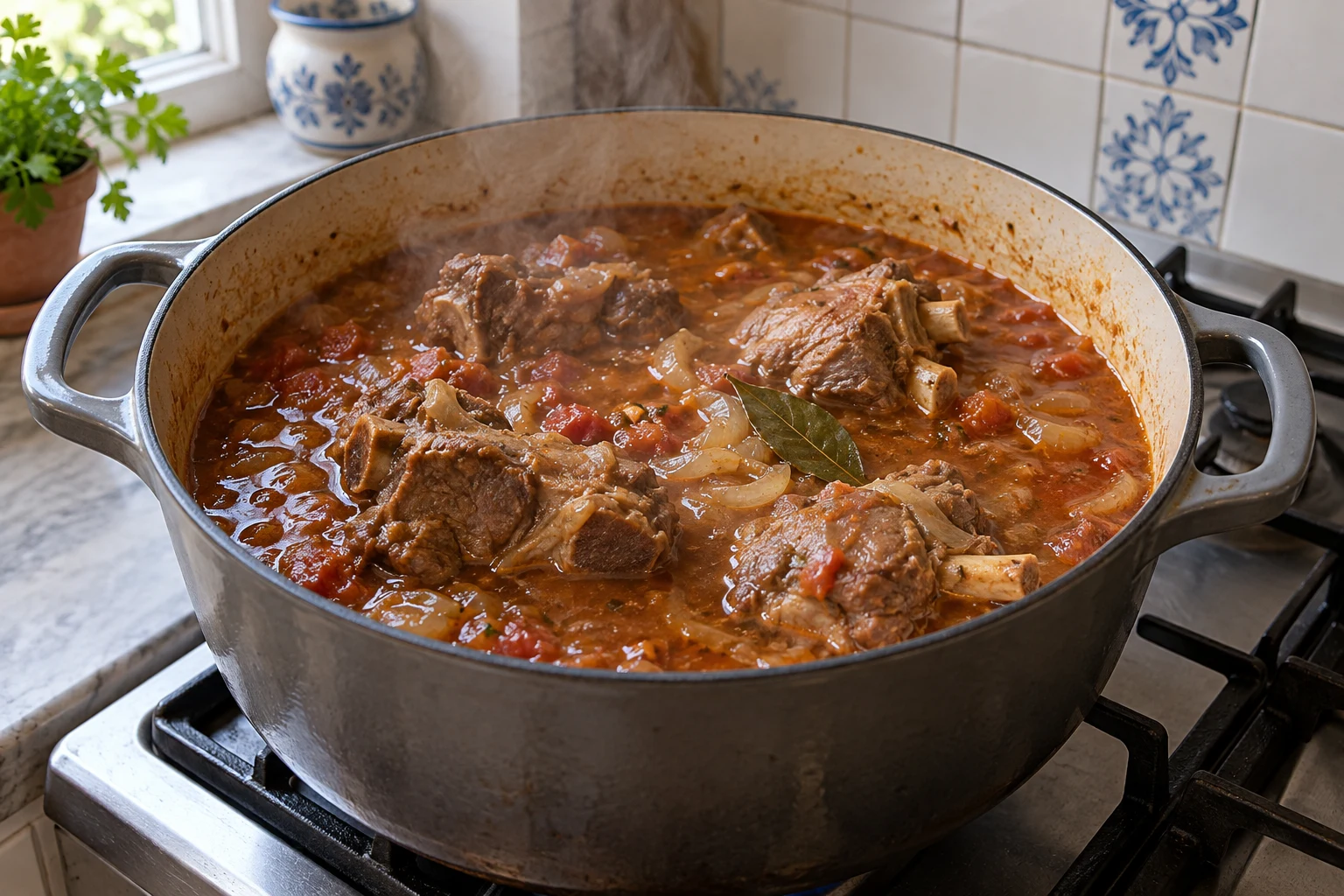 Brown cooked lamb chunks simmering with onion, tomato and a bay leaf in a heavy pot