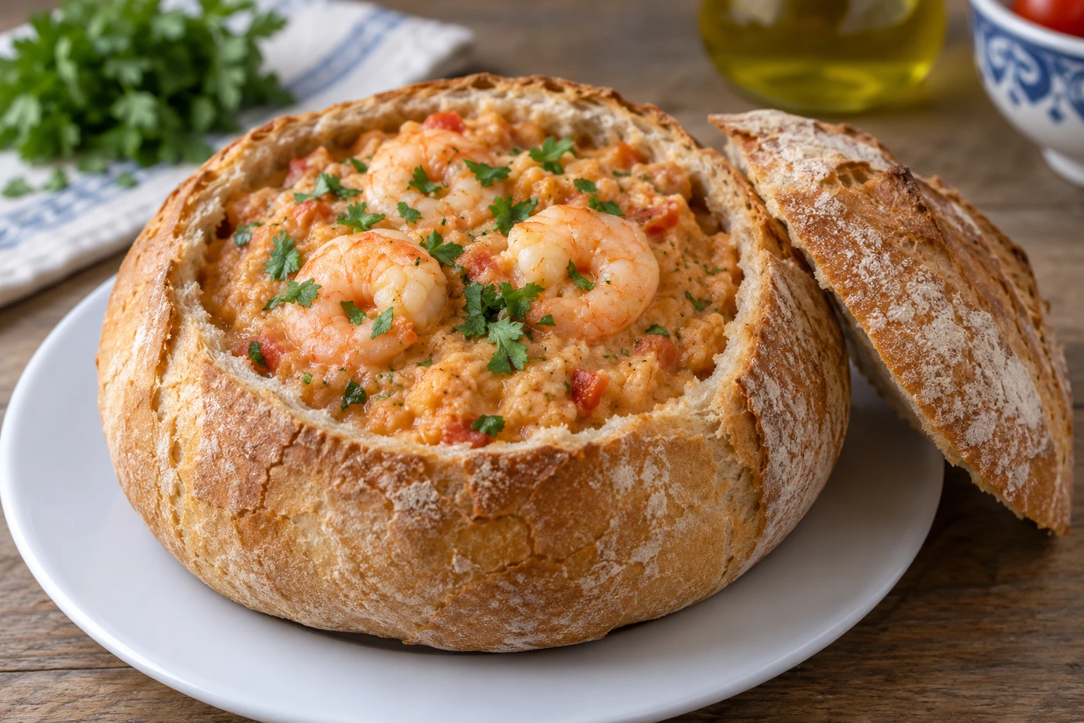 A hollowed round country loaf filled with thick tomato-tinted bread açorda, cooked peeled shrimp and coriander, with its lid beside it.
