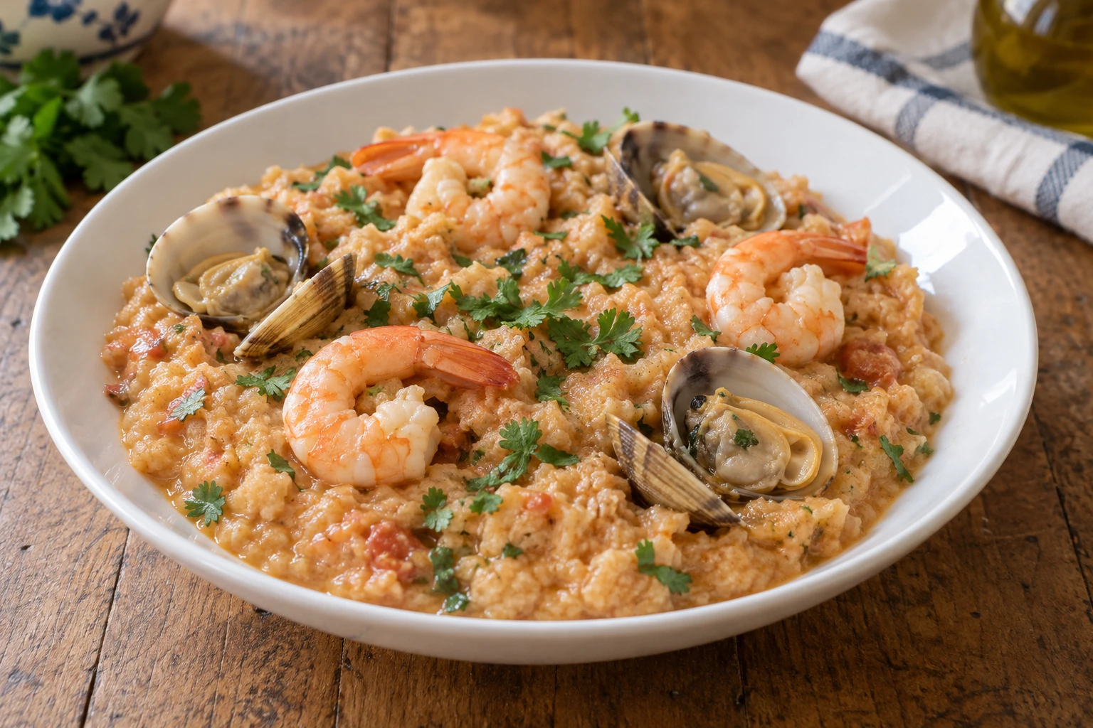 Thick tomato-tinted seafood açorda with softened bread, cooked peeled prawns, open clam shells and chopped coriander.
