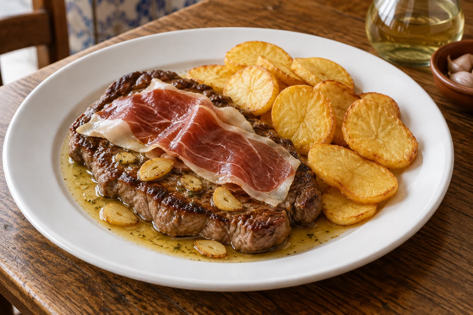 Pan-seared beef steak topped with thin presunto slices, garlic sauce and golden potato rounds
