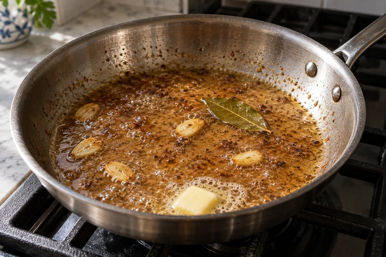 Garlic, a bay leaf and melting butter in a bubbling brown-gold sauce in a metal skillet