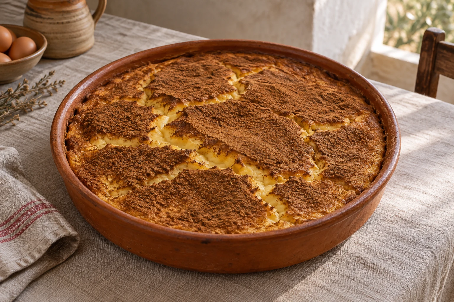Wide terracotta dish of sericaia with cinnamon covering a naturally cracked pale golden top