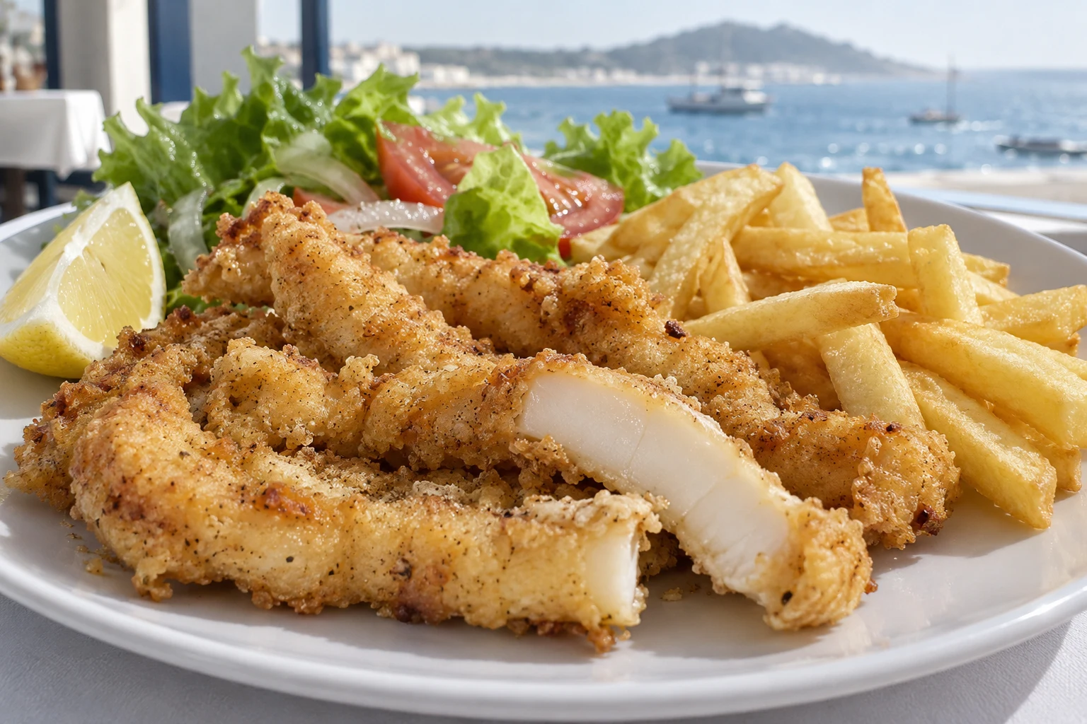 Golden fried cuttlefish strips with chips, simple salad and a lemon wedge