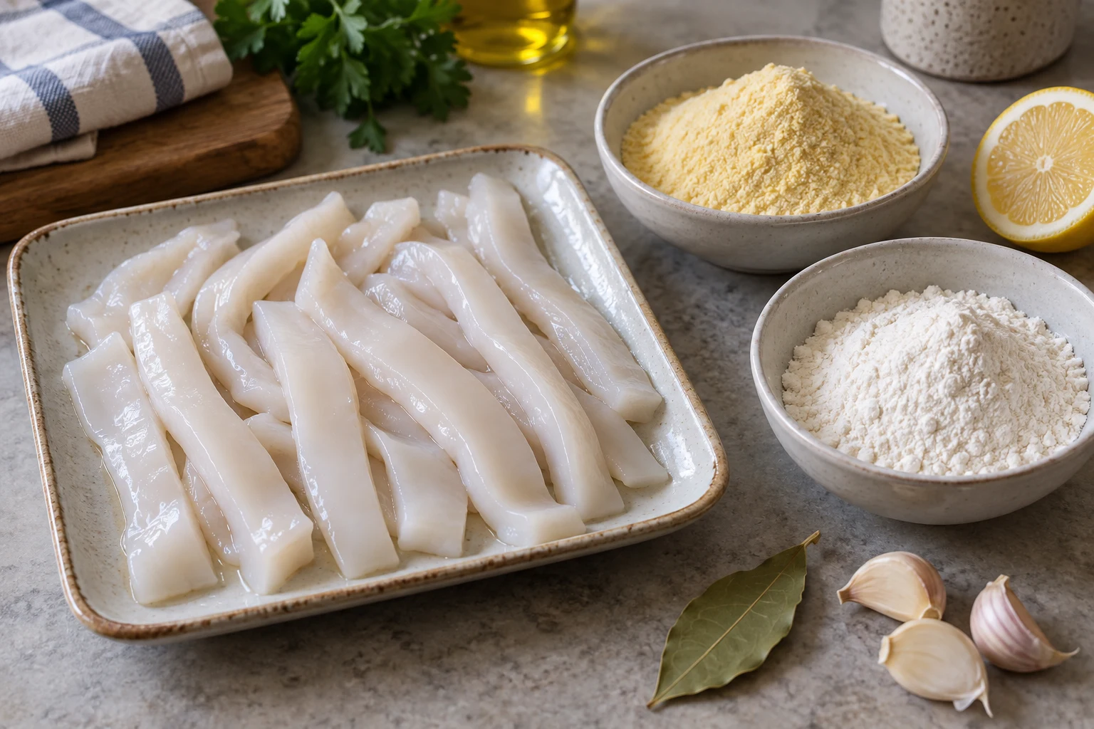 Clean pale cuttlefish strips beside separate bowls of fine corn flour and wheat flour