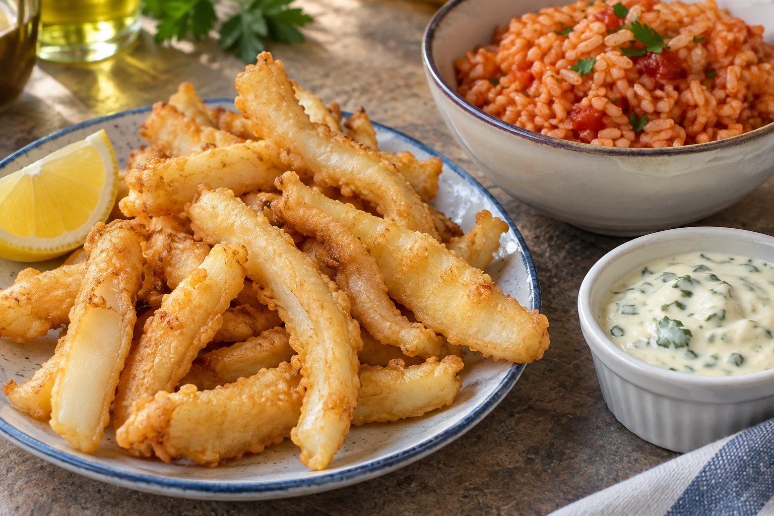 Fried cuttlefish strips beside a bowl of tomato rice and herb mayonnaise