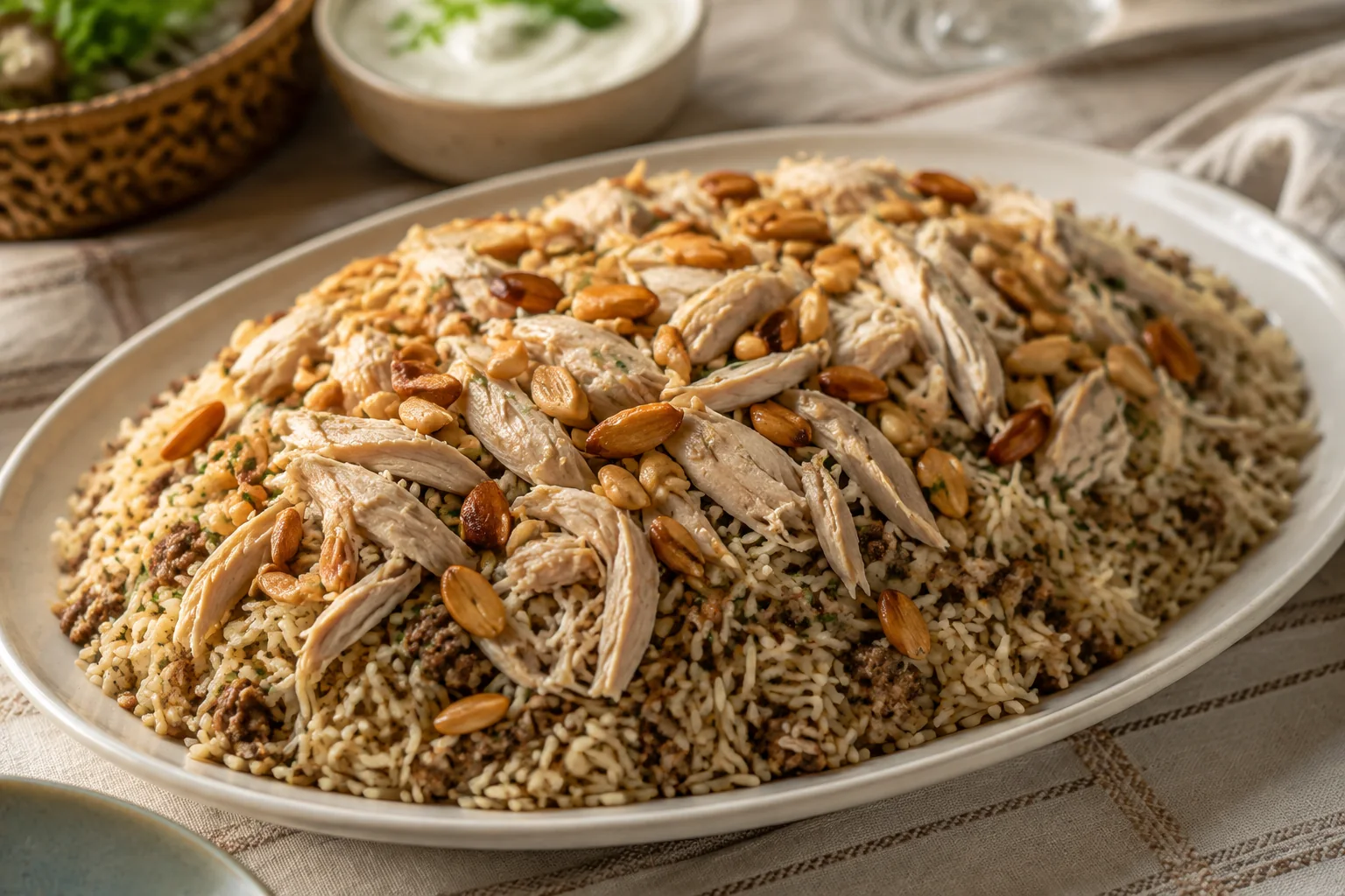 Lebanese chicken and spiced rice topped with almonds and pine nuts