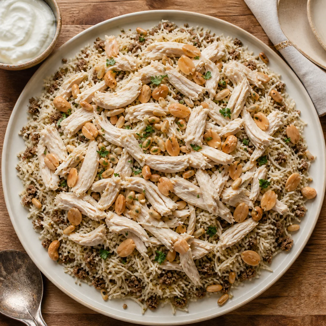 Overhead view of Lebanese riz bi djej with shredded chicken and toasted nuts