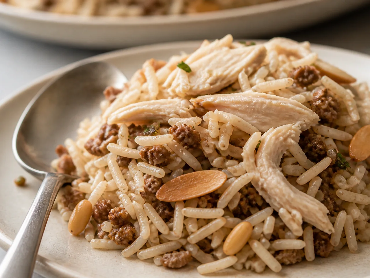 Close view of spiced rice, minced meat, shredded chicken, almonds, and pine nuts