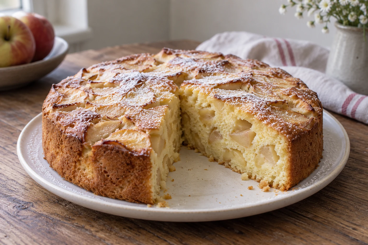Round golden sharlotka apple sponge with a wedge removed and pale apple-filled crumb visible