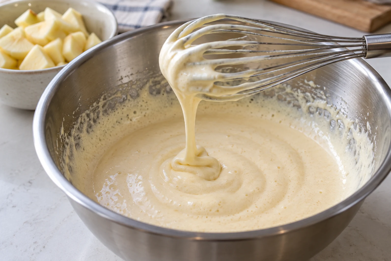 Pale whipped egg and sugar batter falling from a whisk into a mixing bowl