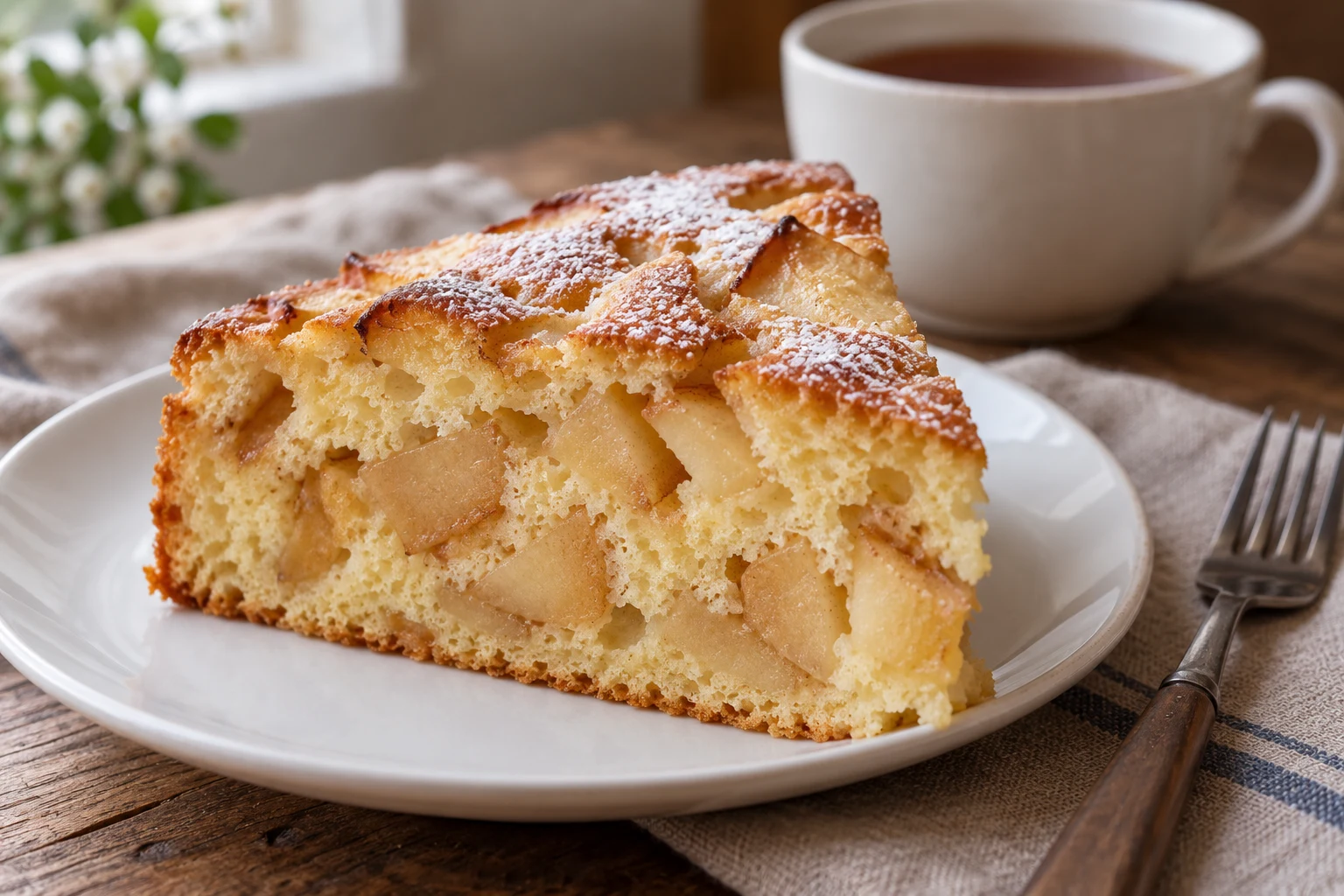 Slice of sharlotka showing cooked apple chunks within porous sponge beside a cup of tea