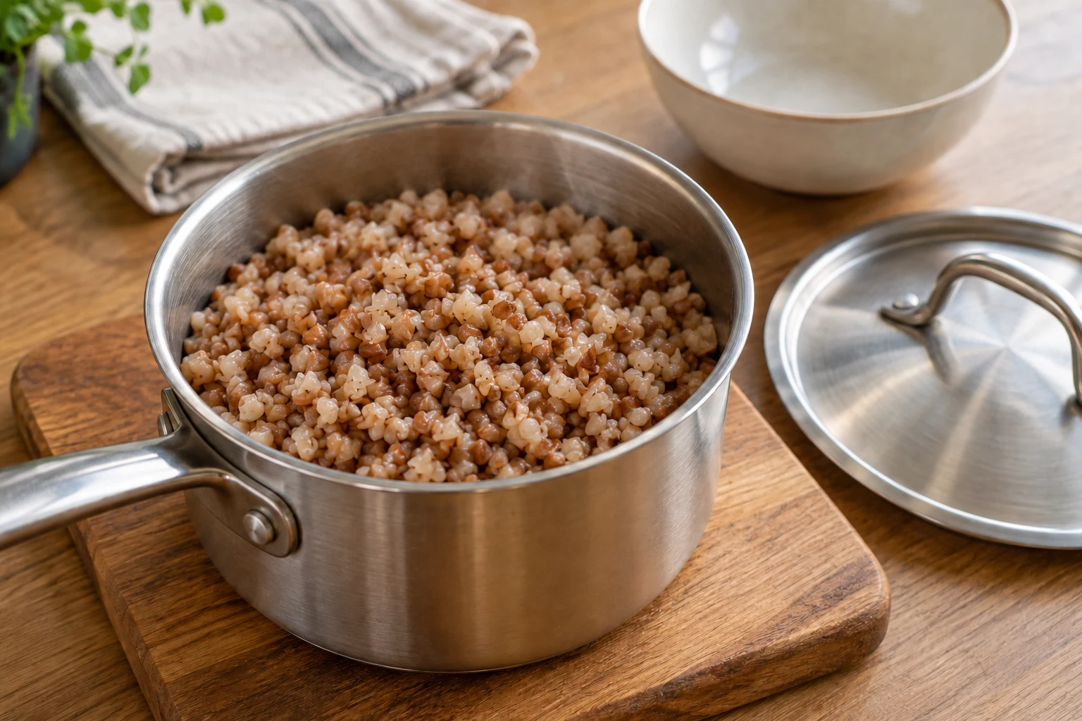 Cooked buckwheat groats in a small metal saucepan with its lid resting alongside