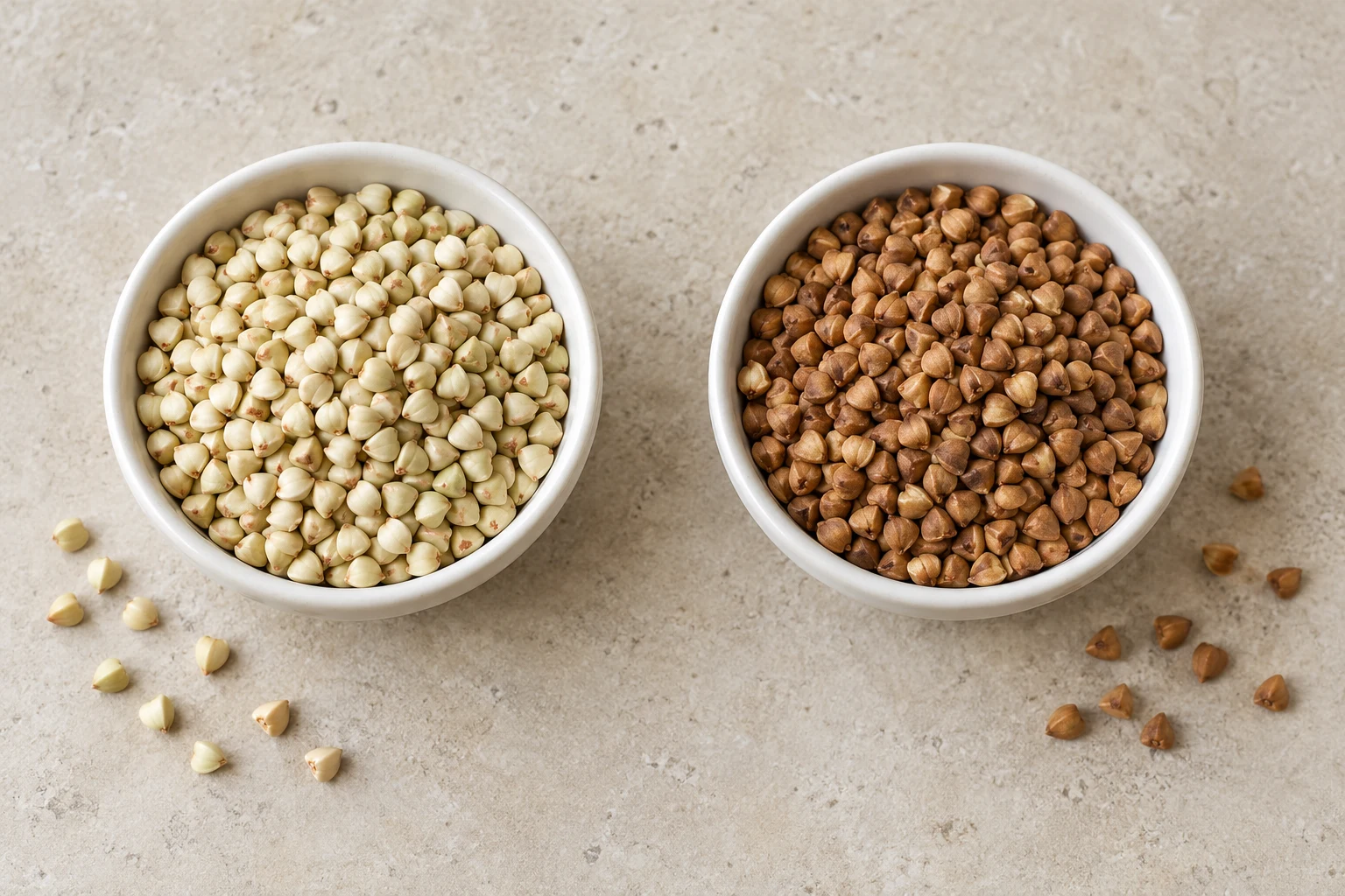 Two bowls of pale untoasted and brown toasted triangular hulled buckwheat groats