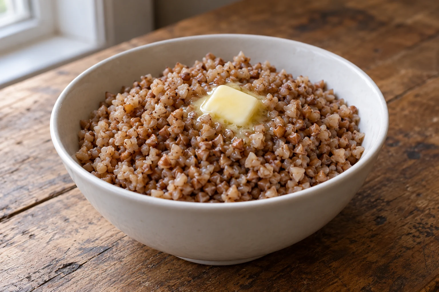 Bowl of plain cooked brown buckwheat groats with a small melting pat of butter