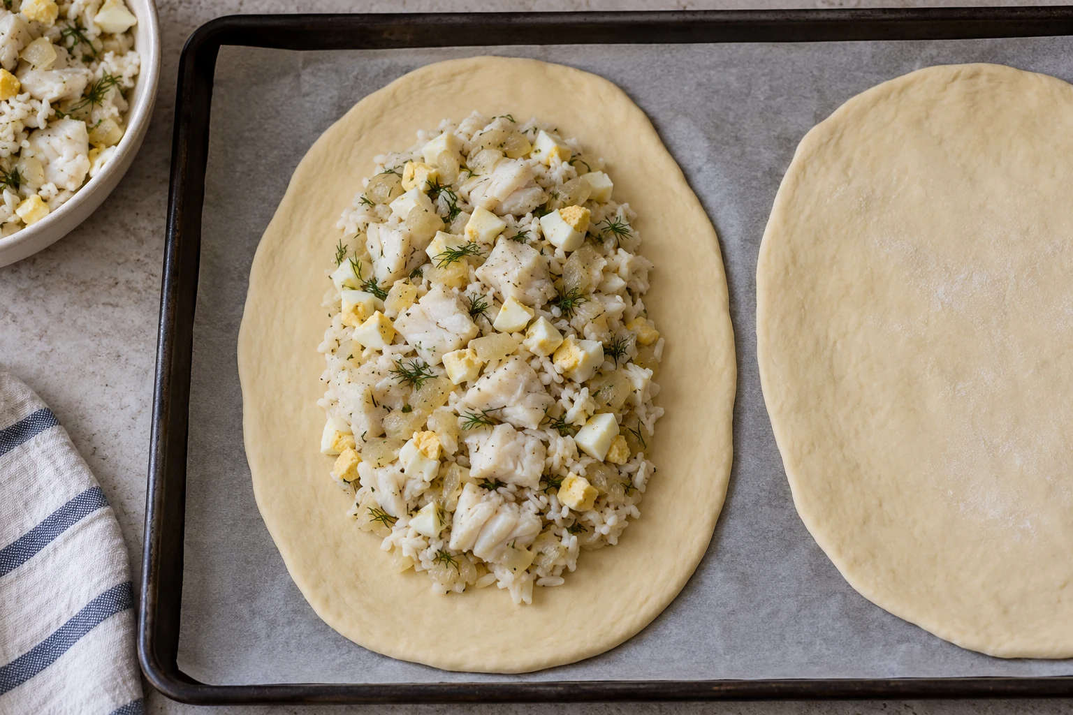 Cooked fish and rice filling on an oval dough sheet with a clear border and a second sheet beside it